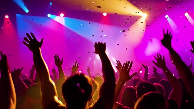 Silhouettes of people jumping and dancing with their arms raised at concert. Back view of crowd of people, surrounded by colorful, bright spotlights and falling confetti.