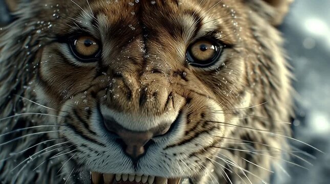 Hyper-realistic animation of a sabertooth tiger extreme close-up snarl with eyes locked