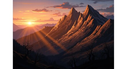 Digital illustration of a mountain range at sunset, bathed in golden light and casting shadows
