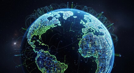 Digital globe showing connections and networks against a dark space background