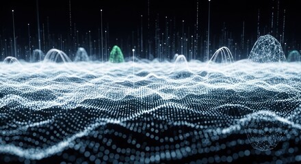 Digital landscape of glowing white dots forming hills, some green accents
