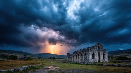 Dark cloudy sky with storm brewing in distance concept. A dramatic landscape with ruins under a stormy sky and lightning.