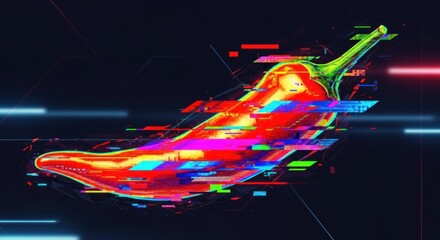 Distorted red chili pepper with colorful digital glitch effects