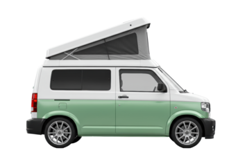 Isolated van camper with pop up roof for camping and outdoor travel adventures in summer