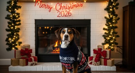 Dog in sweater sits before a fireplace decorated for Christmas with gifts
