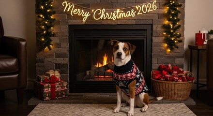 Dog in sweater poses near fireplace with "Merry Christmas 2026" banner
