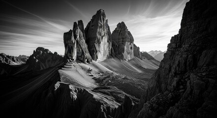 Dramatic monochrome panorama of jagged mountain peaks under a bright, dynamic sky