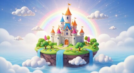 Dreamy castle on floating island, rainbow, waterfall, fluffy clouds, bright
