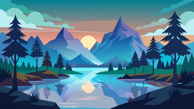 Vector art of peaceful mountain landscape with lake reflection at sunrise vector art