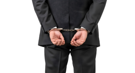 Man in suit with handcuffs behind his back arrest on transparent background , png