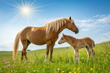 Obraz premium Mother Horse and Foal Play in a Sunny Green Meadow During Springtime