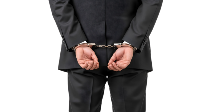 Man in suit with handcuffs behind his back arrest on transparent background , png