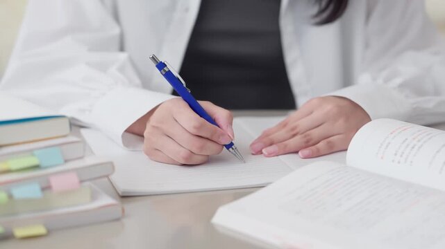 参考書で勉強をするアジア人女性