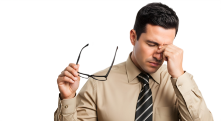Man pinching his eye while holding his glasses on transparent background , png