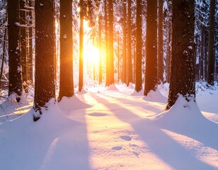 Sunlit winter forest scene with snow and tree trunks