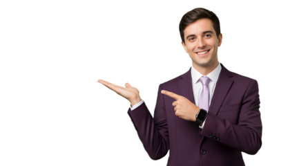Man in suit pointing and presenting to the left side on transparent background , png