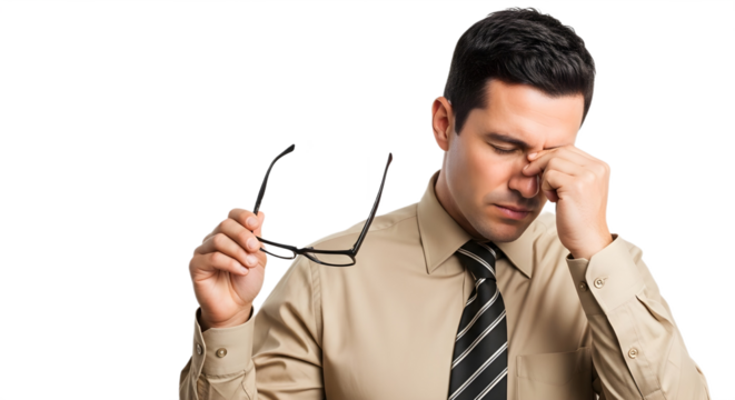 Man pinching his eye while holding his glasses on transparent background , png