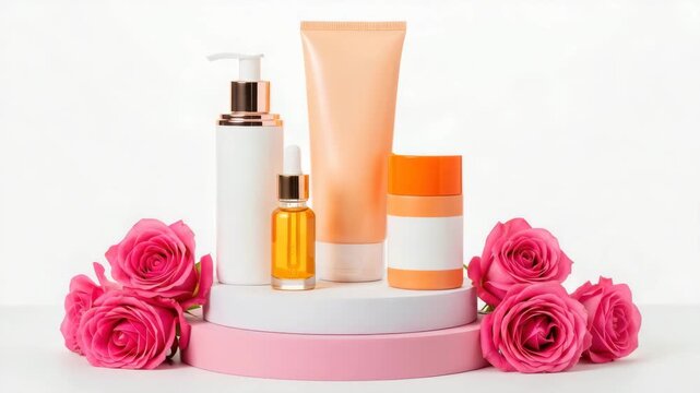 Cosmetic products on a white and pink podium surrounded by pink roses, isolated on white background, showcasing beauty and skincare essentials for a radiant complexion ai generated vedio