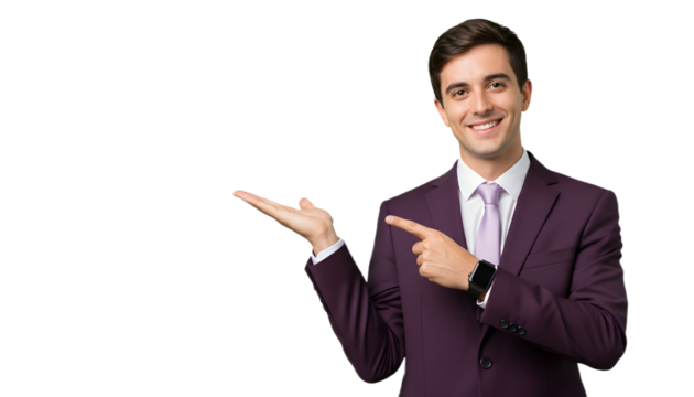 Man in suit pointing and presenting to the left side on transparent background , png