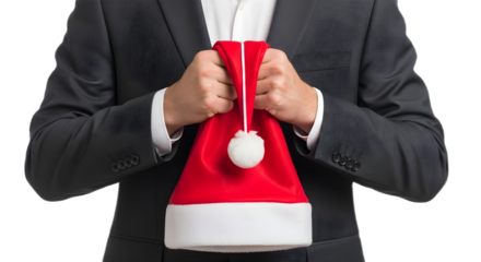 Man in suit holding a red and white santa hat on transparent background , png