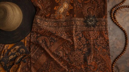 A cultural flat lay showcasing batik fabric paired with traditional Malay accessories like a songkok and brooch, styled on a rustic surface under warm light.