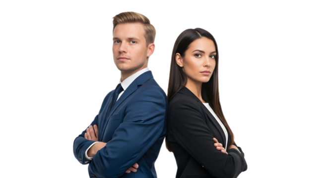 Man and woman in suits standing back to back pose on transparent background , png
