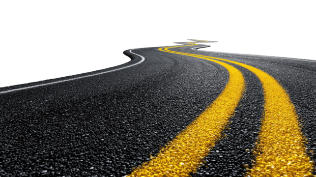 Winding asphalt road with bright double yellow lines on transparent background