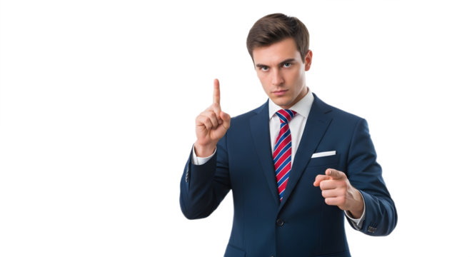 Man in suit pointing up and at the viewer isolated on transparent background , png
