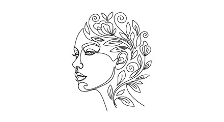 Elegant profile of a woman s face with intricate swirling floral patterns adorning her hair and neck in a black and white line art illustration
