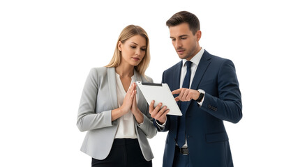 Business colleagues reviewing data on a tablet device on transparent background , png