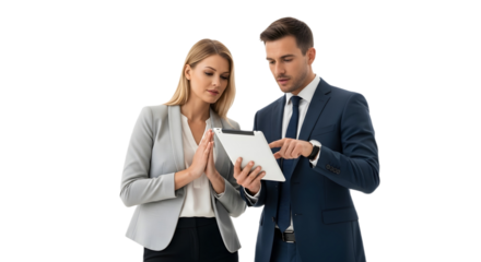 Business colleagues reviewing data on a tablet device on transparent background , png