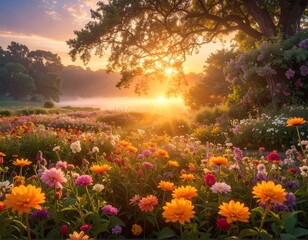 Sunrise illuminates a vibrant flower field, trees, and mist
