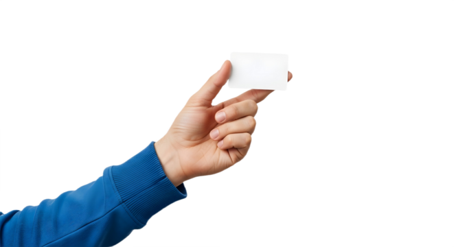 A hand holding a blank white business card mockup on transparent background , png