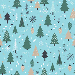 Christmas Tree Pattern Vector. Seamless Christmas Tree Pattern with snowflake and pine cone. Winter elegance seamless pattern background.