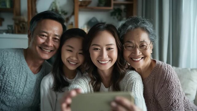 Happy Asian Multi-Generational Family Taking Selfie Together at Home
