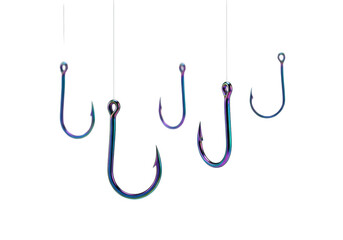 Isolated iridescent fishing hooks with hanging lines for bait and angling equipment