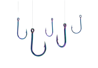 Isolated iridescent fishing hooks with hanging lines for bait and angling equipment