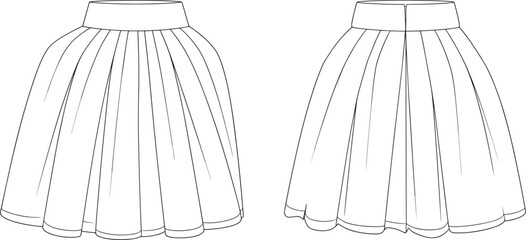 CAD drawing flat vector illustration, technical fashion skirt design, pleated skirt template, garment construction, apparel flat sketch, clothing pattern