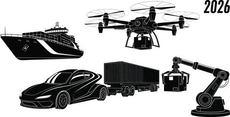 Obraz premium Global Logistics, Future Transport, and Automation Icons