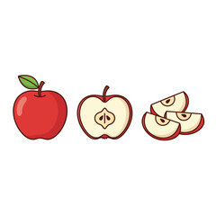 Cartoon illustration of a whole red apple, a half apple showing its core, and several apple slices.