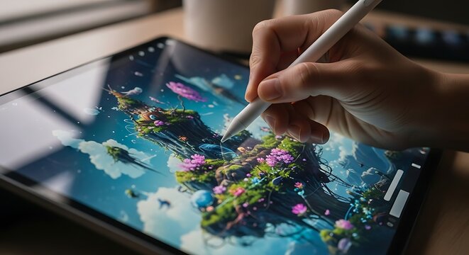 Close up of a person s hand using a stylus to draw a vibrant fantasy landscape on a digital tablet screen - Powered by Adobe