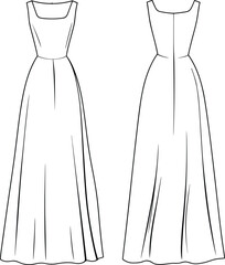 Elegant sleeveless long dress fashion flat sketch, technical garment CAD drawing, vector illustration front and back view, apparel design template