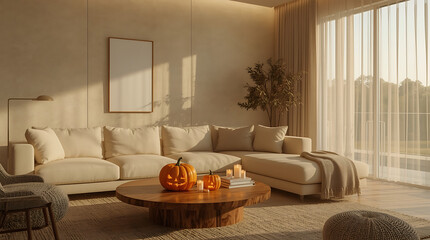 Cozy living room setup with Halloween pumpkins, candles, and modern decor brings autumn vibes and seasonal charm to any design or creative project