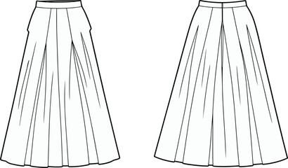 Long pleated skirt technical flat sketch, front and back view, garment construction vector, apparel design template, cad drawing flat vector illustration