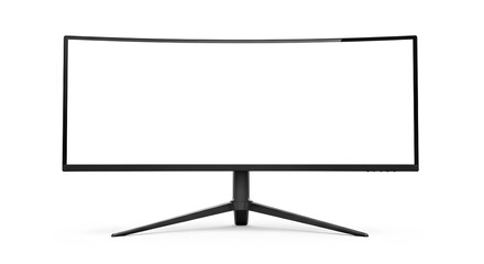 Modern curved computer monitor with a blank white screen, isolated on white background