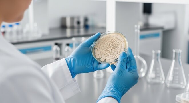 Scientist examines petri dish of cultured white colonies in a lab