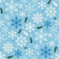 Christmas Winter Pattern Vector. Seamless Christmas Snowflakes Pattern with Pine Needles. Merry Christmas Snowflakes seamless pattern Background.