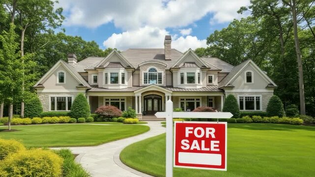 A luxurious twostory house with a manicured lawn and a for sale sign in the front yard, indicating that the property is currently on the market for potential buyers ai generated vedio