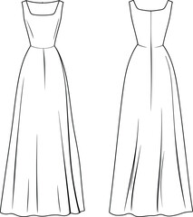 Technical flat fashion sketch, vector illustration of women long sleeveless dress front and back view with pleats, waist, garment construction, CAD drawing