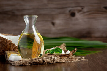 coconut oil placed in a glass bottle, oil and vinegar